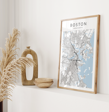 boston map in wood frame on mantle