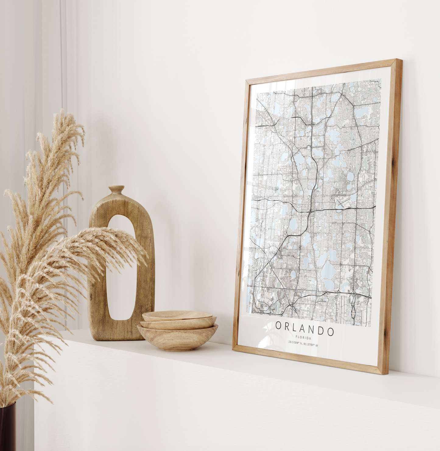 orlando florida map in wood frame on shelf