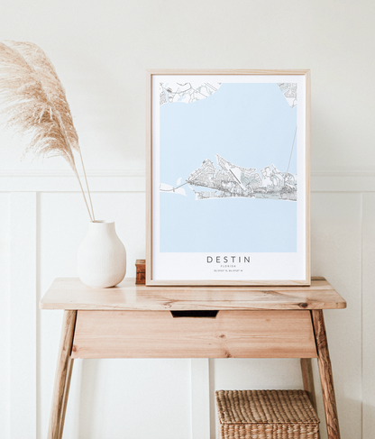 destin florida map print in wood frame on desk