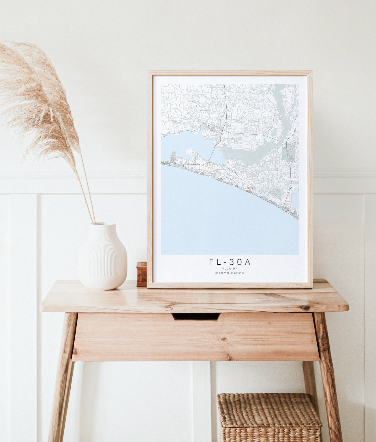 30a florida map print in wood frame on desk