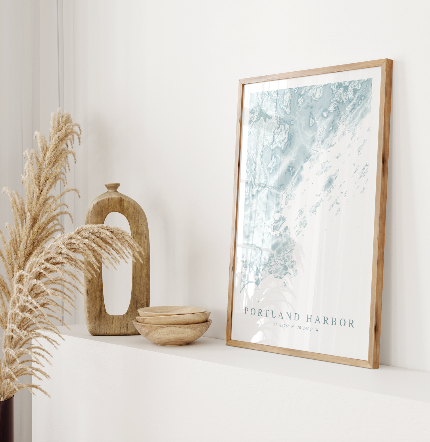 portland harbor map in wood frame