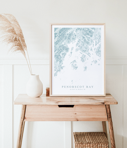 penobscot bay print in wood frame