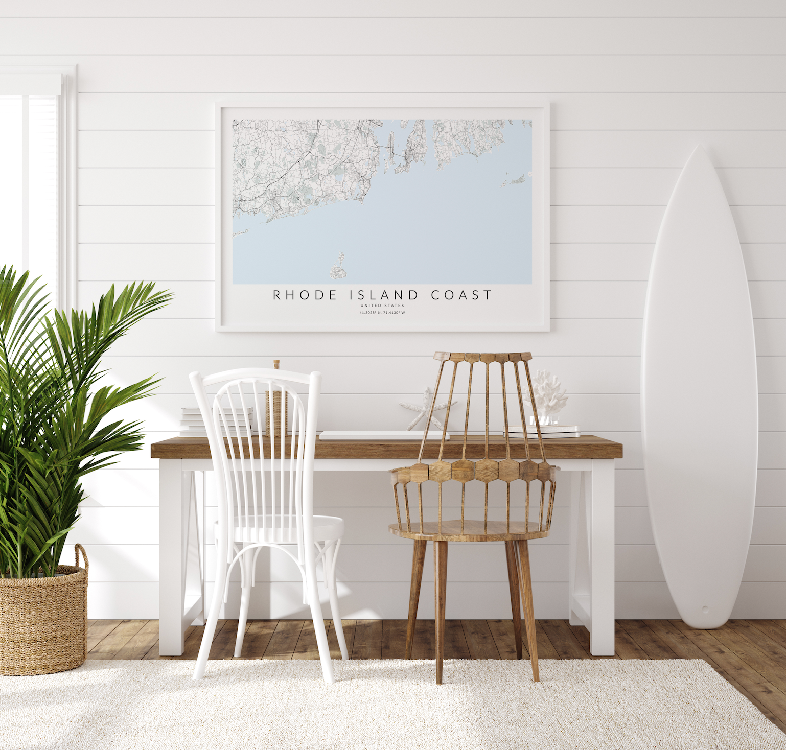 rhode island coast map print in white frame