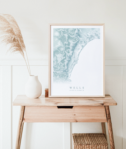 wells maine map in wood frame