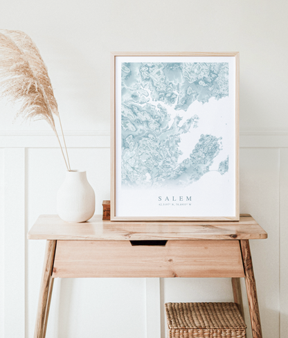 map of salem massachusetts in a wood frame