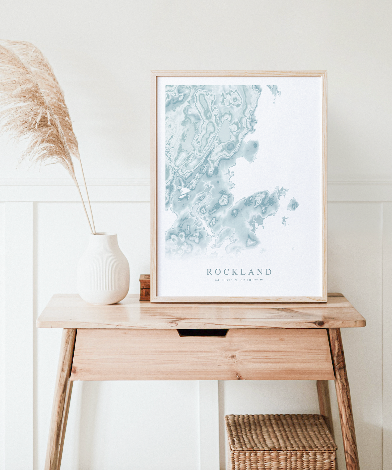 rockland maine map print in wood frame