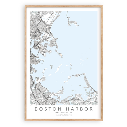 boston harbor map print wood frame