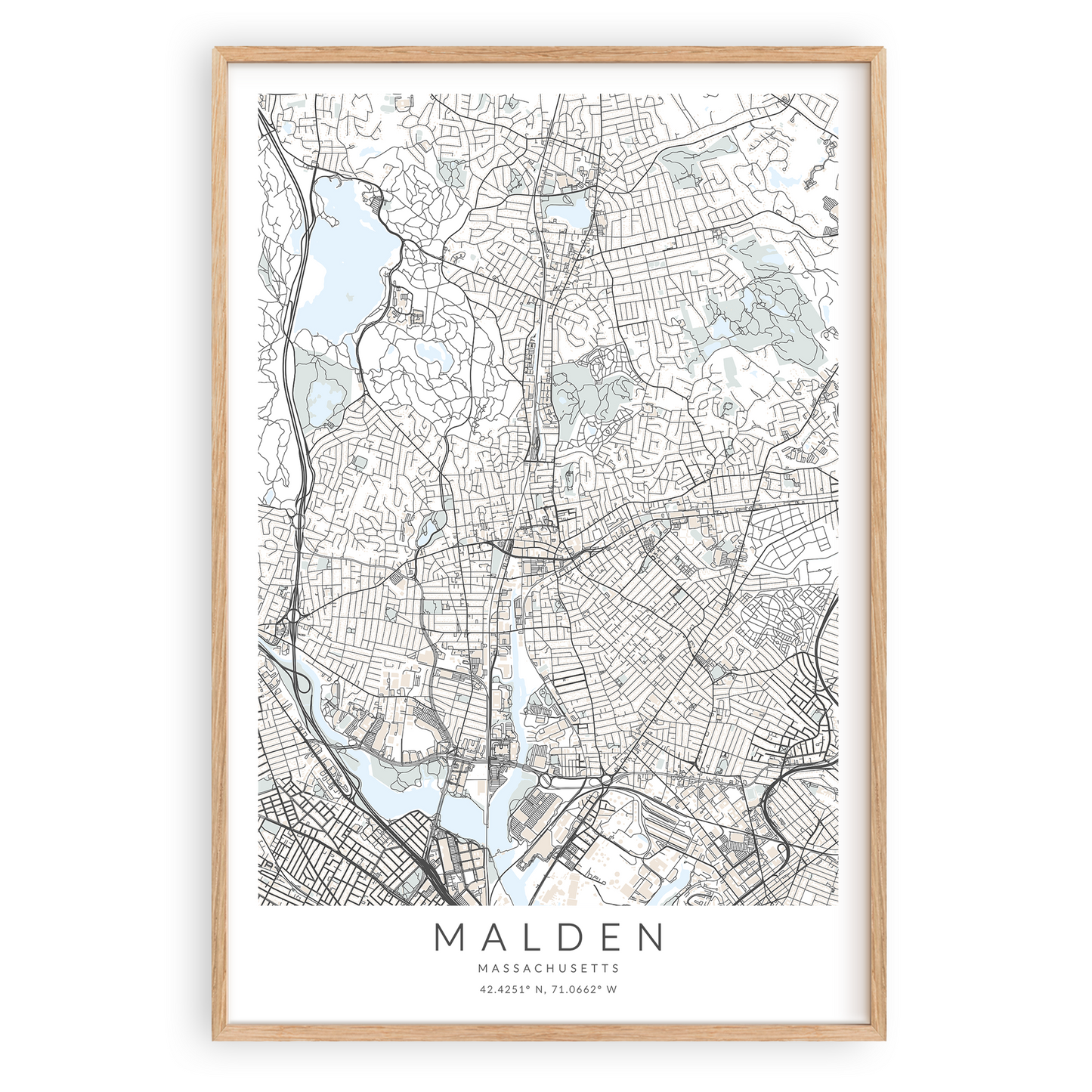malden massachusetts map print wood frame