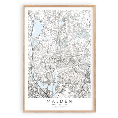 malden massachusetts map print wood frame