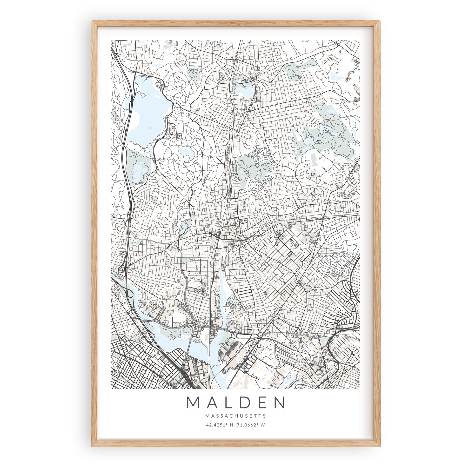 malden massachusetts map print wood frame