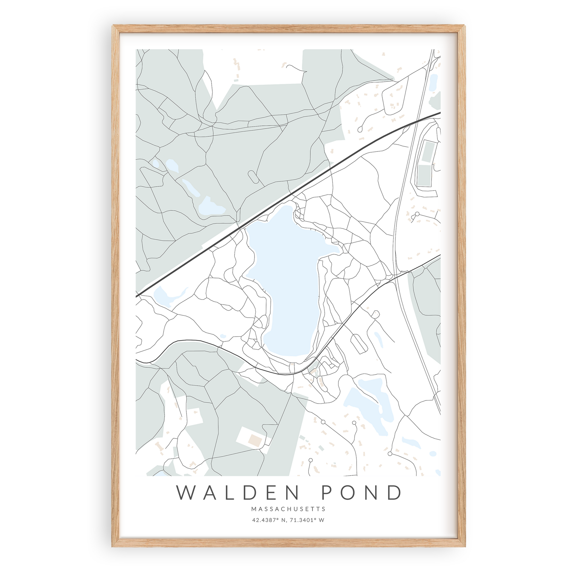walden pond map print wood frame