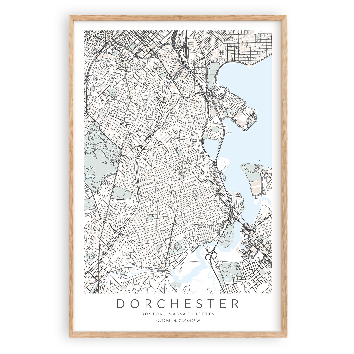 dorchester massachusetts map print wood frame