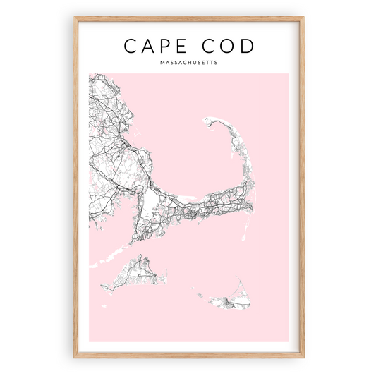 cape cod pink map print wood frame