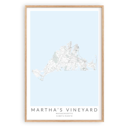 martha's vineyard massachusetts map print wood frame