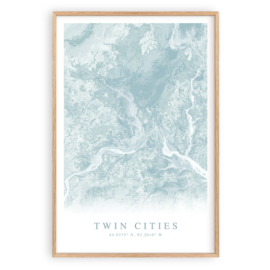 twin cities map print in wood frame. minneapolis st paul