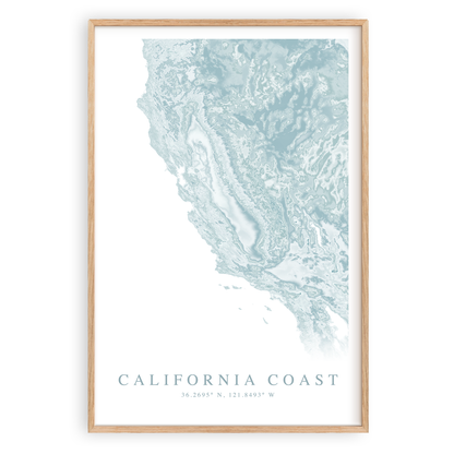 california coast map print in wood frame