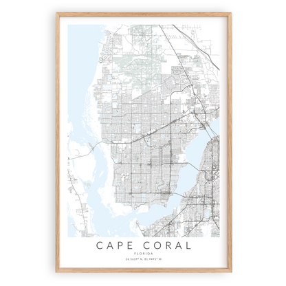 cape coral florida map print in wood frame