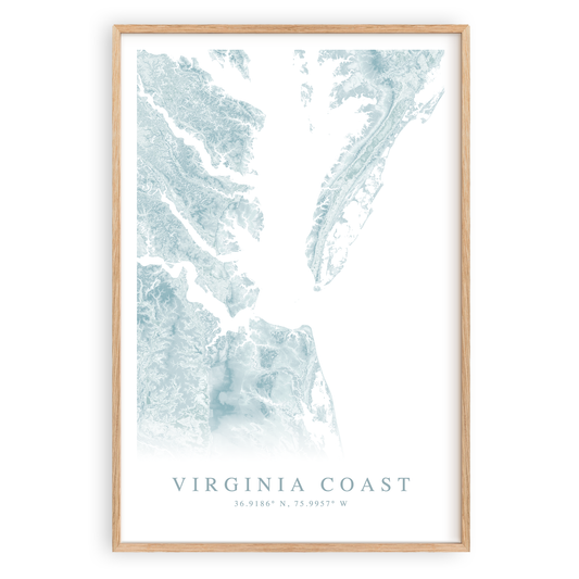 virginia coast map print in wood frame