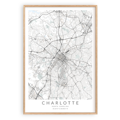 charlotte north carolina map print in wood frame