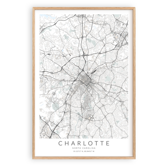 charlotte north carolina map print in wood frame