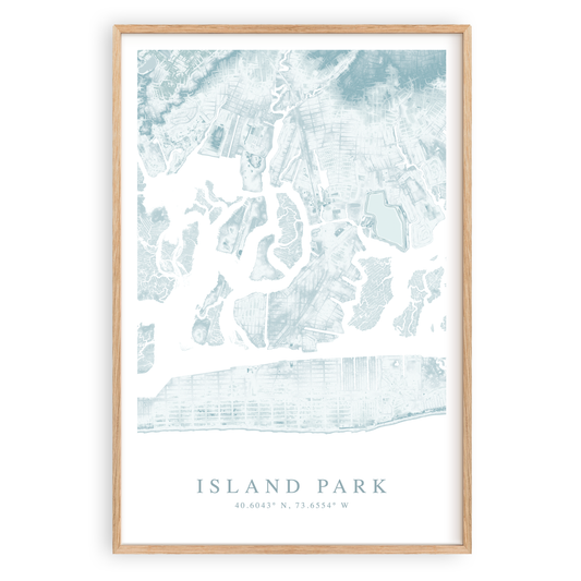 island park new york map print in wood frame