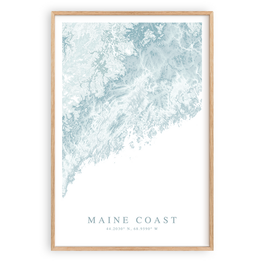 maine coast map print in wood frame