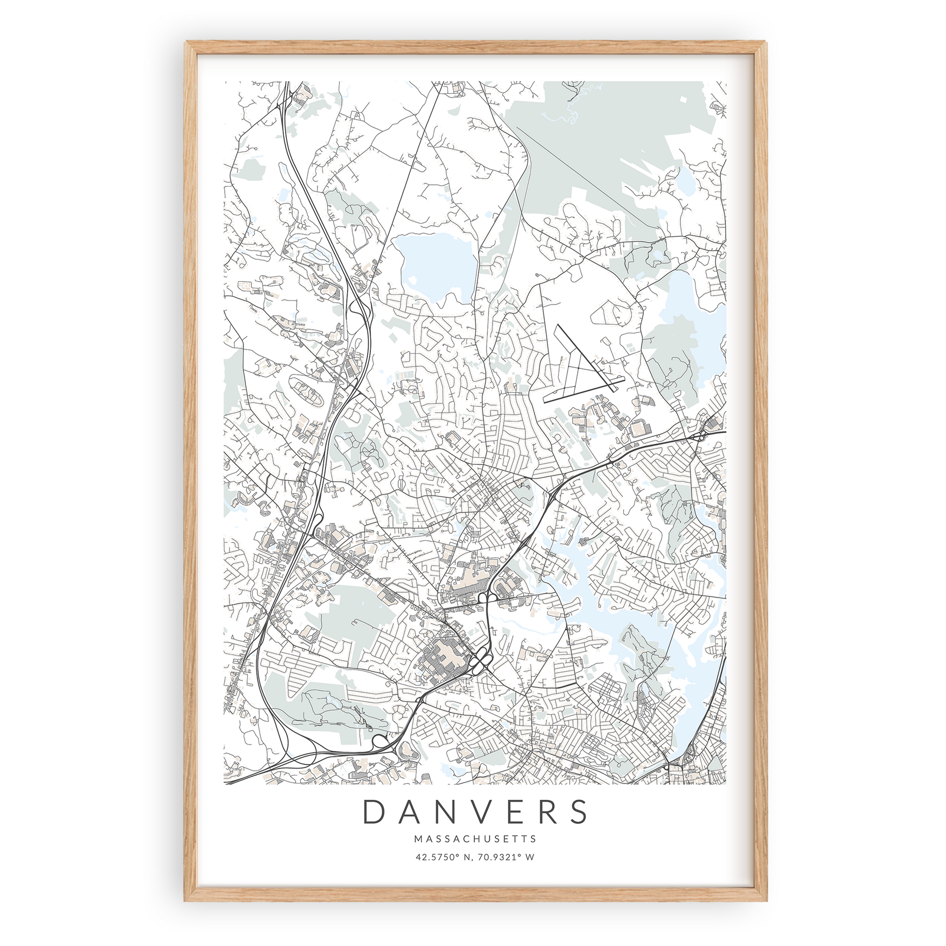 danvers massachusetts map print in wood frame