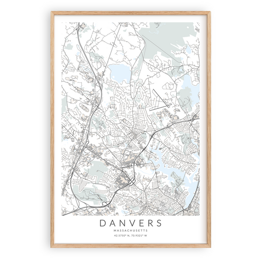 danvers massachusetts map print in wood frame