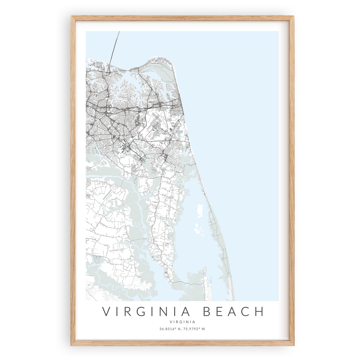 virginia beach virginia map print in wood frame