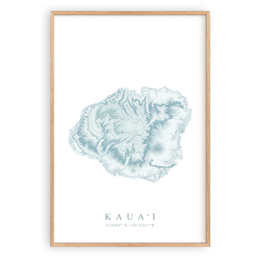 kauai hawaii map print in wood frame