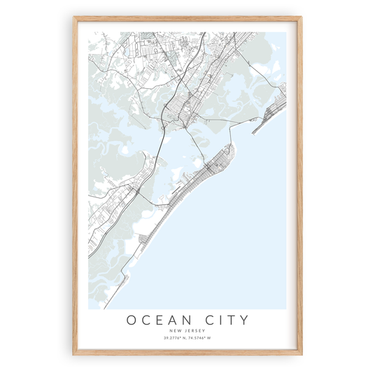 ocean city new jersey map print in wood frame