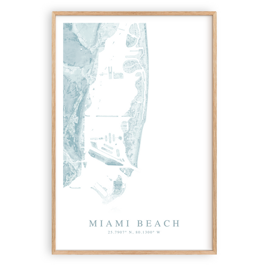 miami beach florida map print in wood frame