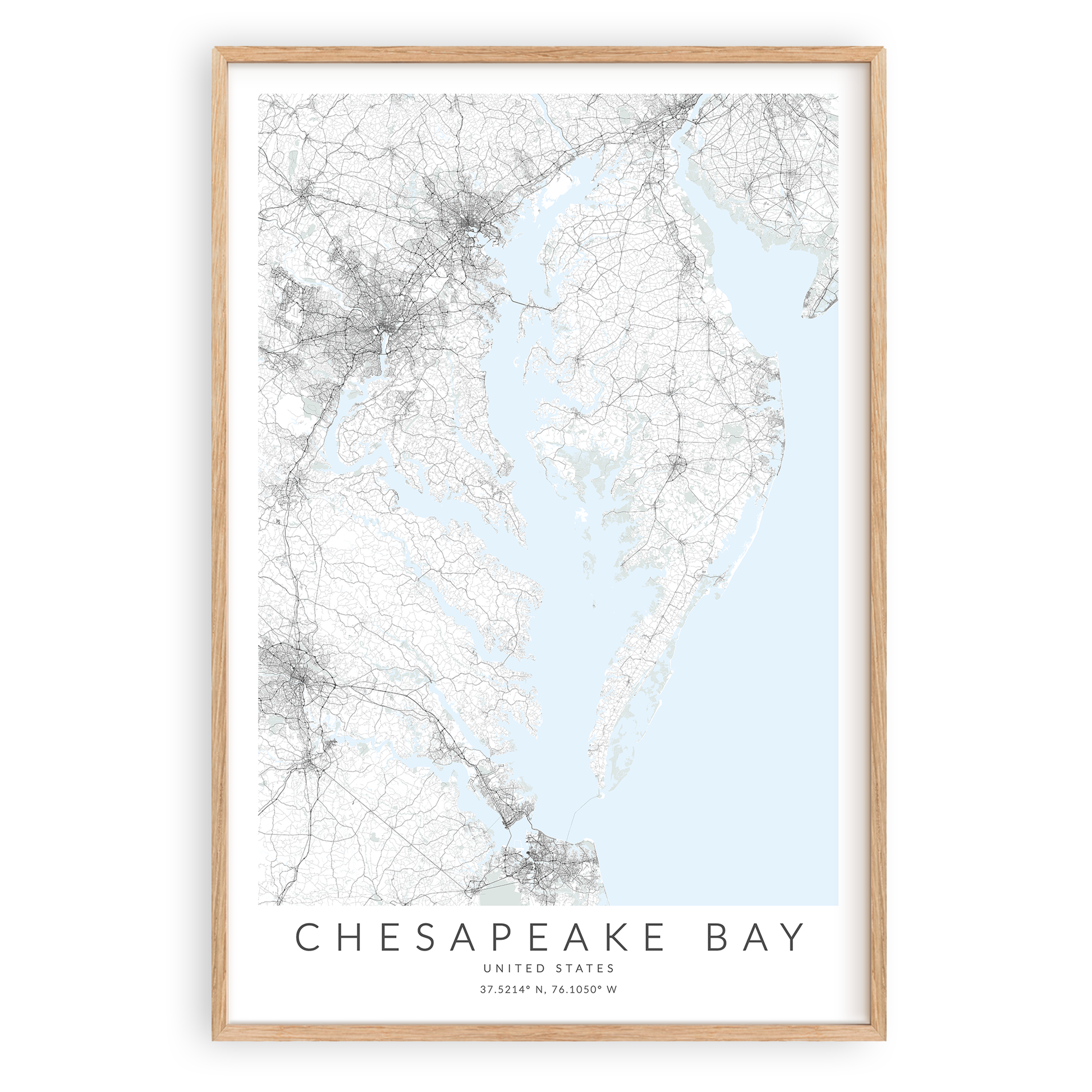 chesapeake bay map print in wood frame