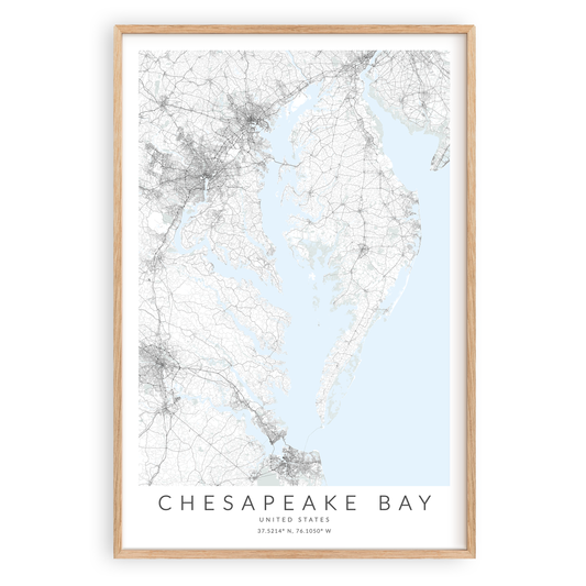 chesapeake bay map print in wood frame