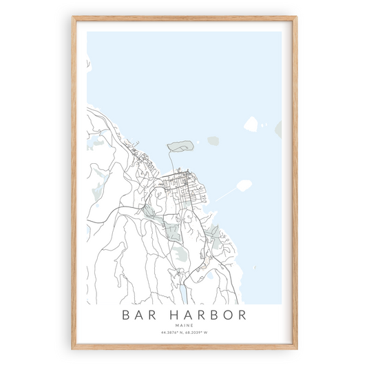 bar harbor maine map print in wood frame