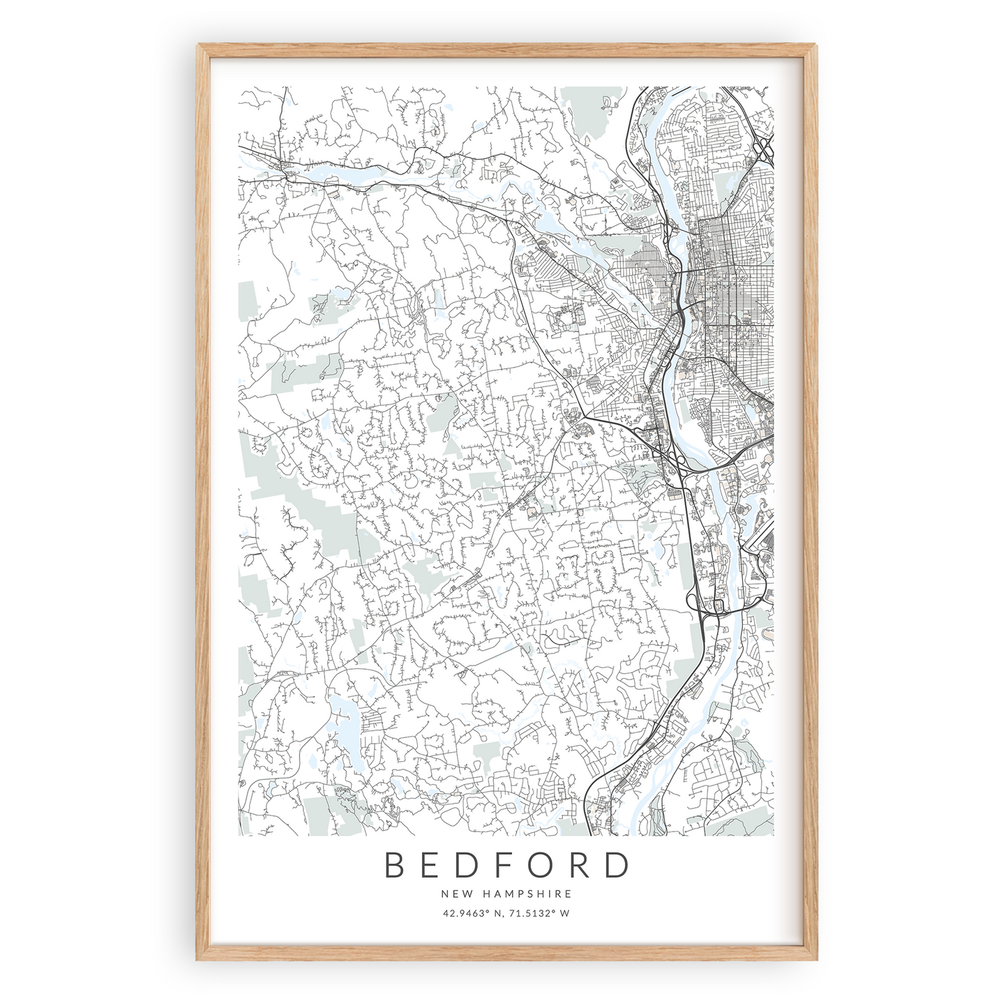 bedford new hampshire map print in wood frame
