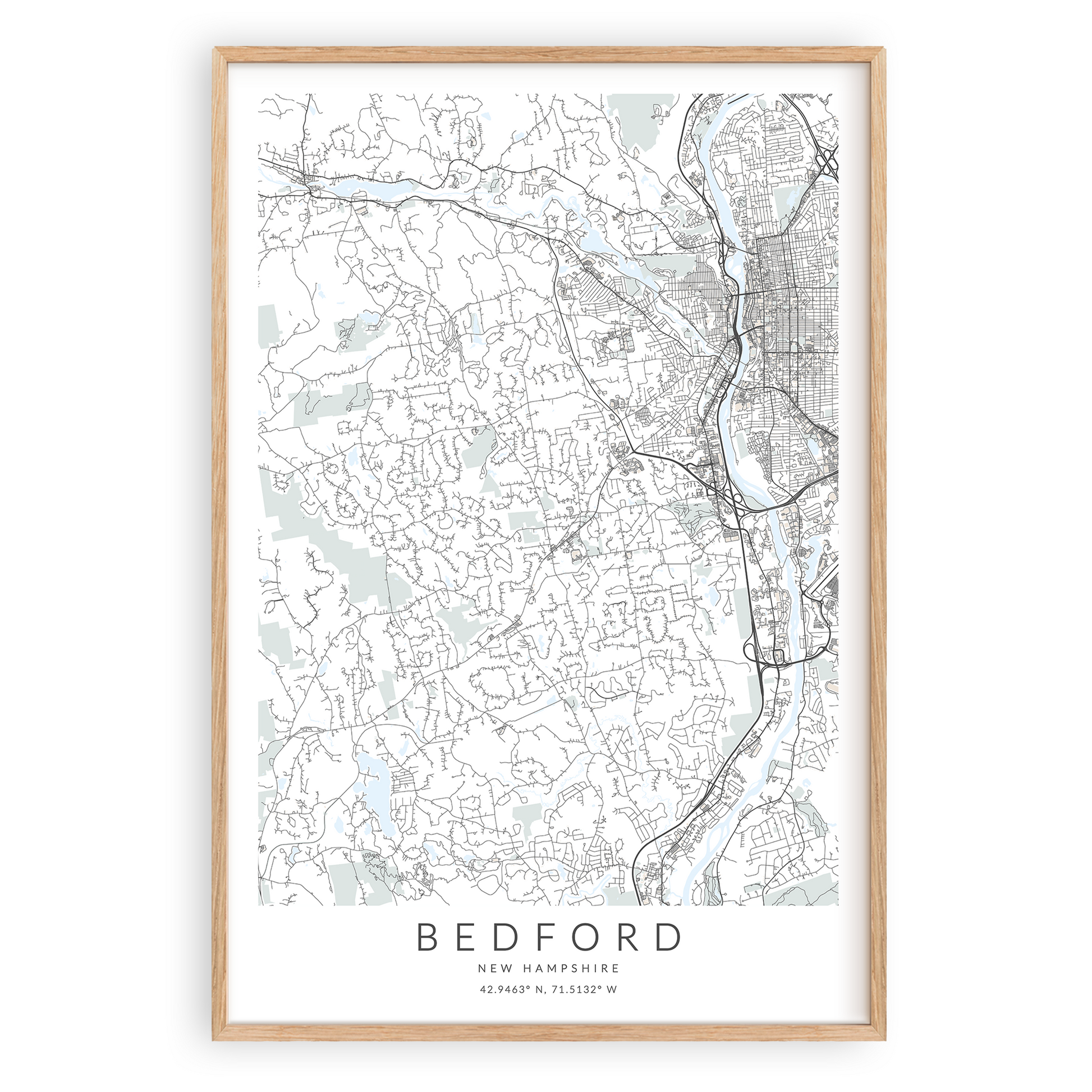 bedford new hampshire map print in wood frame