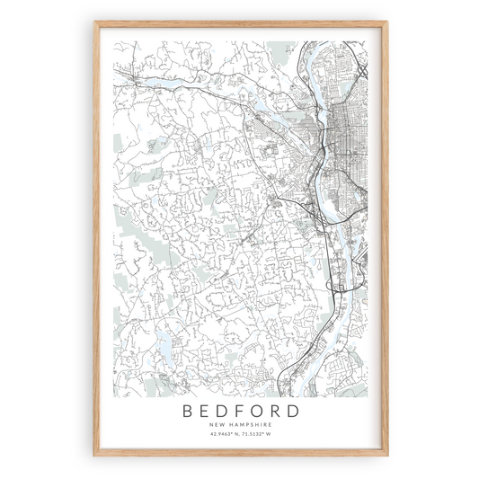 bedford new hampshire map print in wood frame