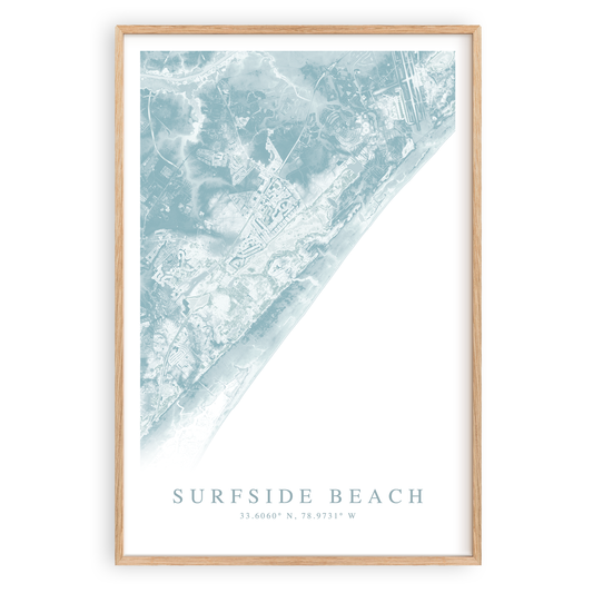surfside beach south carolina map print in wood frame