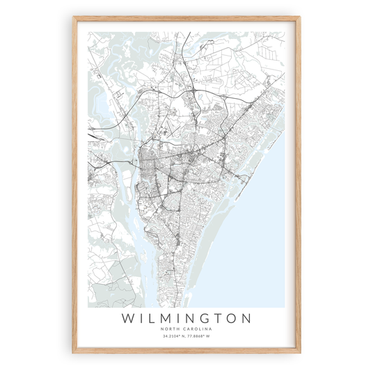wilmington north carolina map print in wood frame
