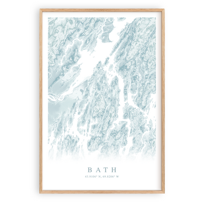 bath maine map poster in wood frame