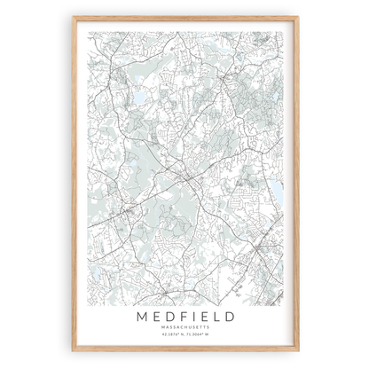 medfield massachusetts map print in wood frame