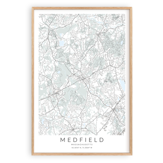medfield massachusetts map print in wood frame