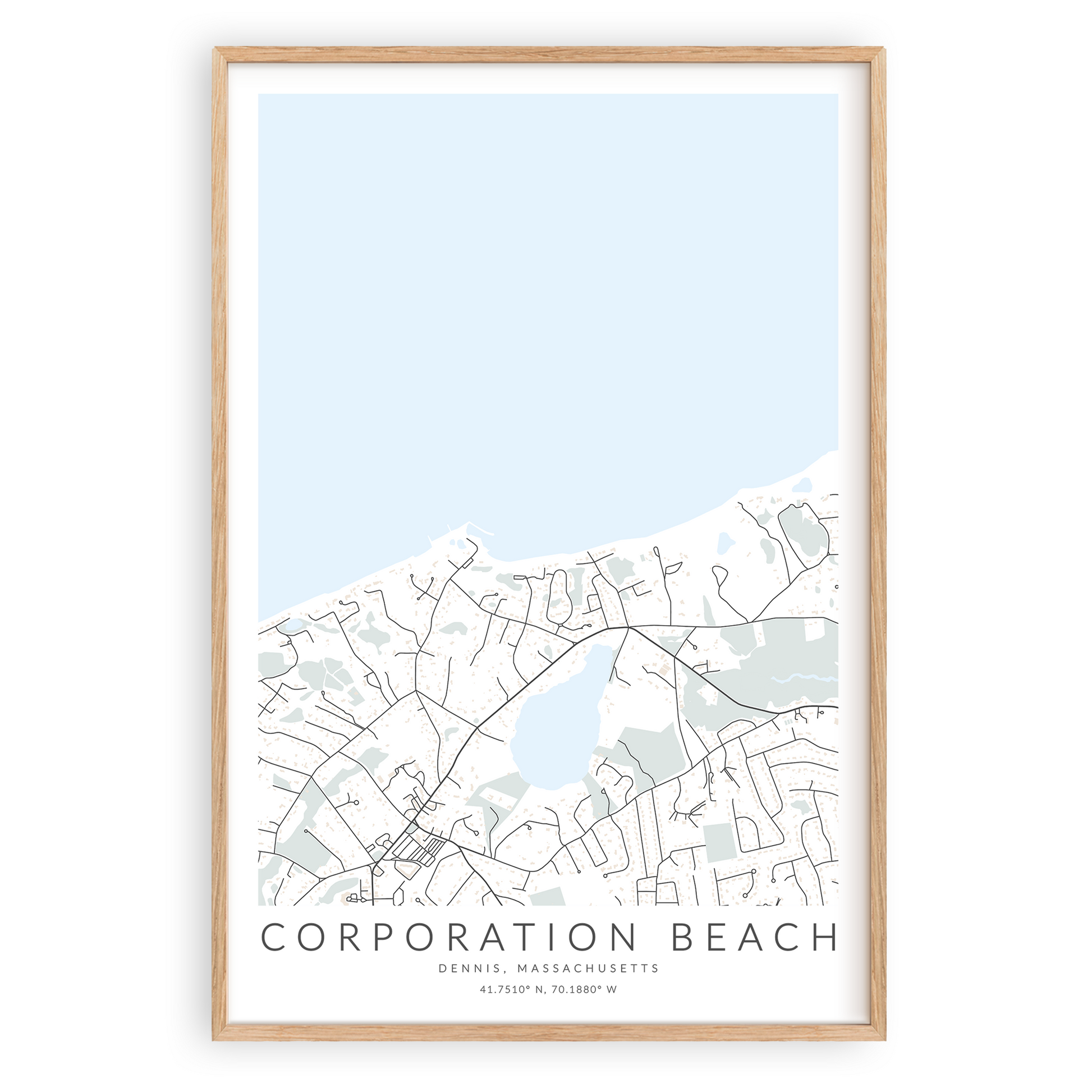 corporation beach map print in wood frame