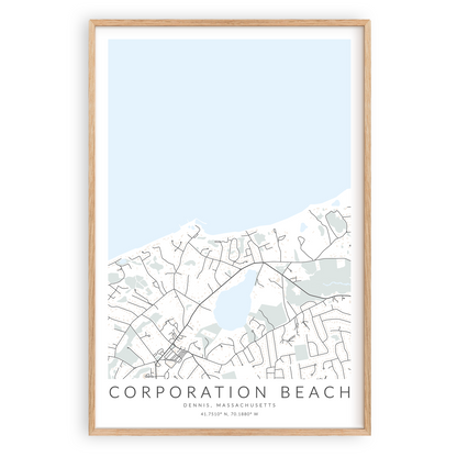 corporation beach map print in wood frame