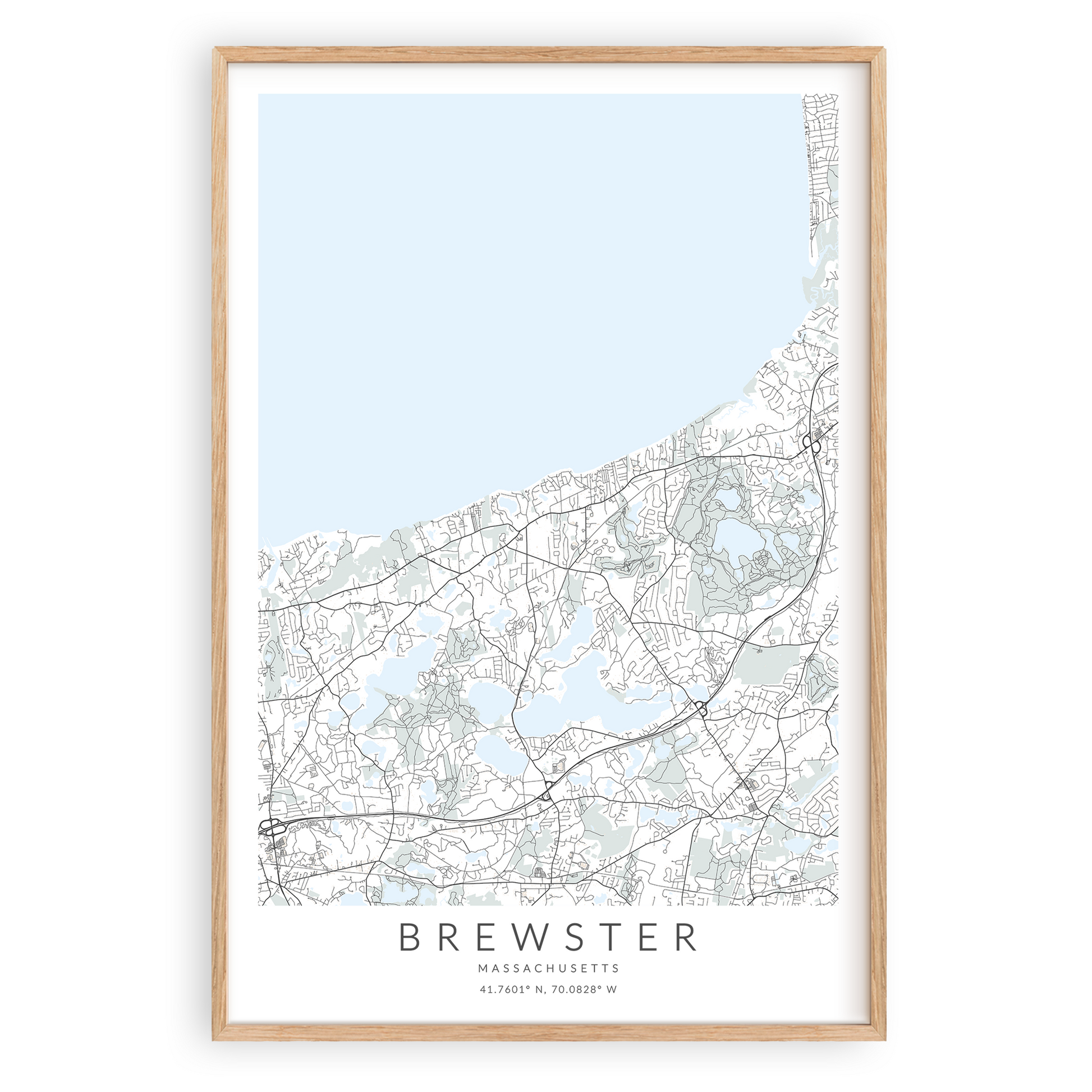 brewster massachusetts map print in wood frame on white background