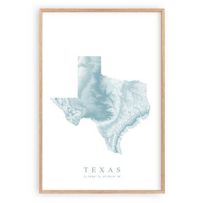 texas state map print in wood frame