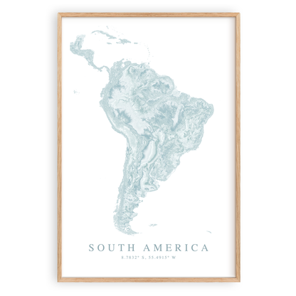 south america map print in wood frame