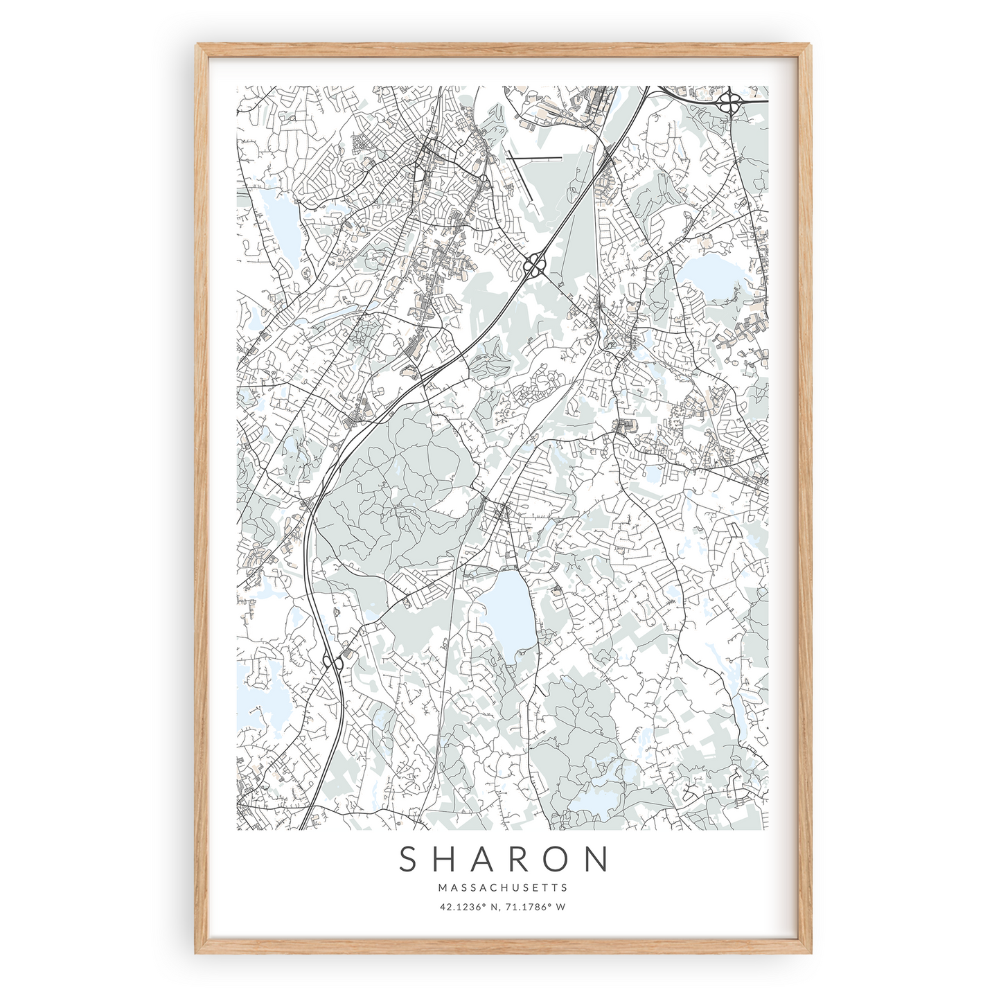 sharon massachusetts map print in wood frame