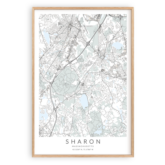 sharon massachusetts map print in wood frame